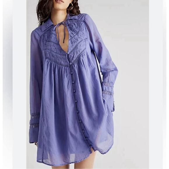 Free People Embroidered Bohemian Western Babydoll Mini Dress Periwinkle Sz M - Picture 2 of 13